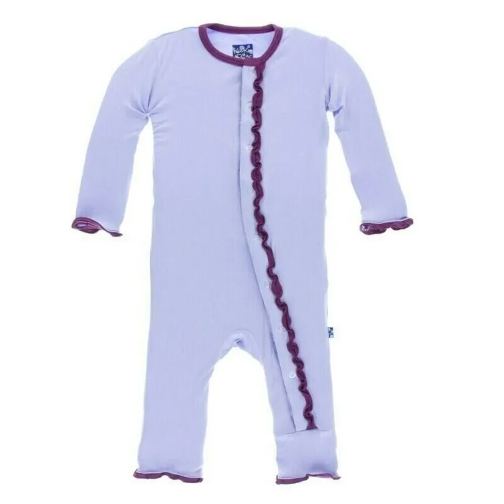 KicKee Pants Girls Toddler Pjs Solid Ruffle Coverall Snaps Lilac Purple 2T HOLE